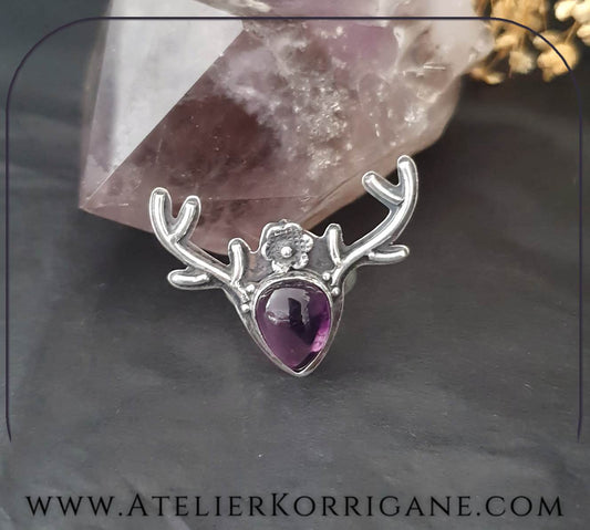 Bague Cernunnos Bois de Cerf Argent et Améthyste