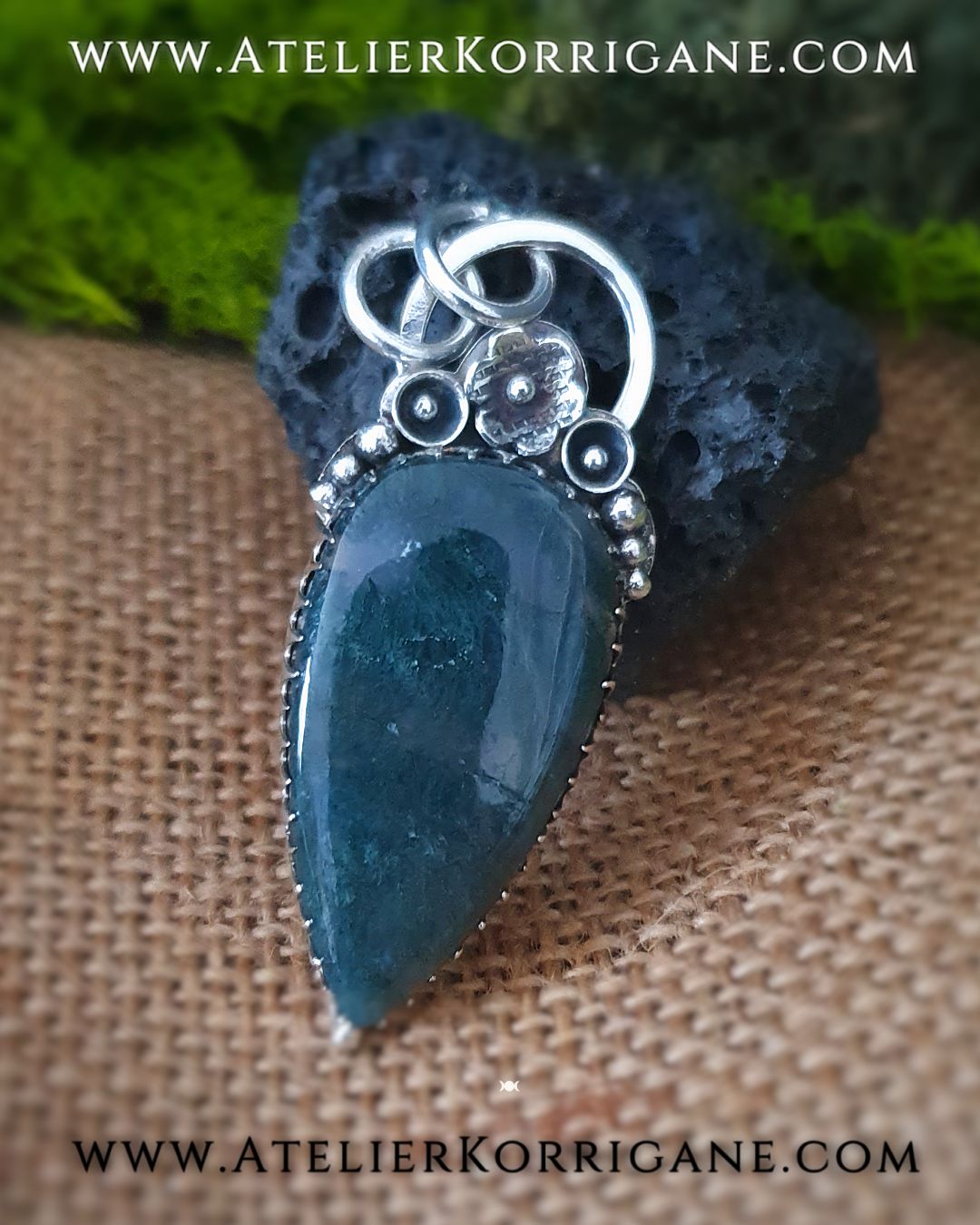 Pendentif Fleur de Beltane en Argent Massif et Agate Mousse