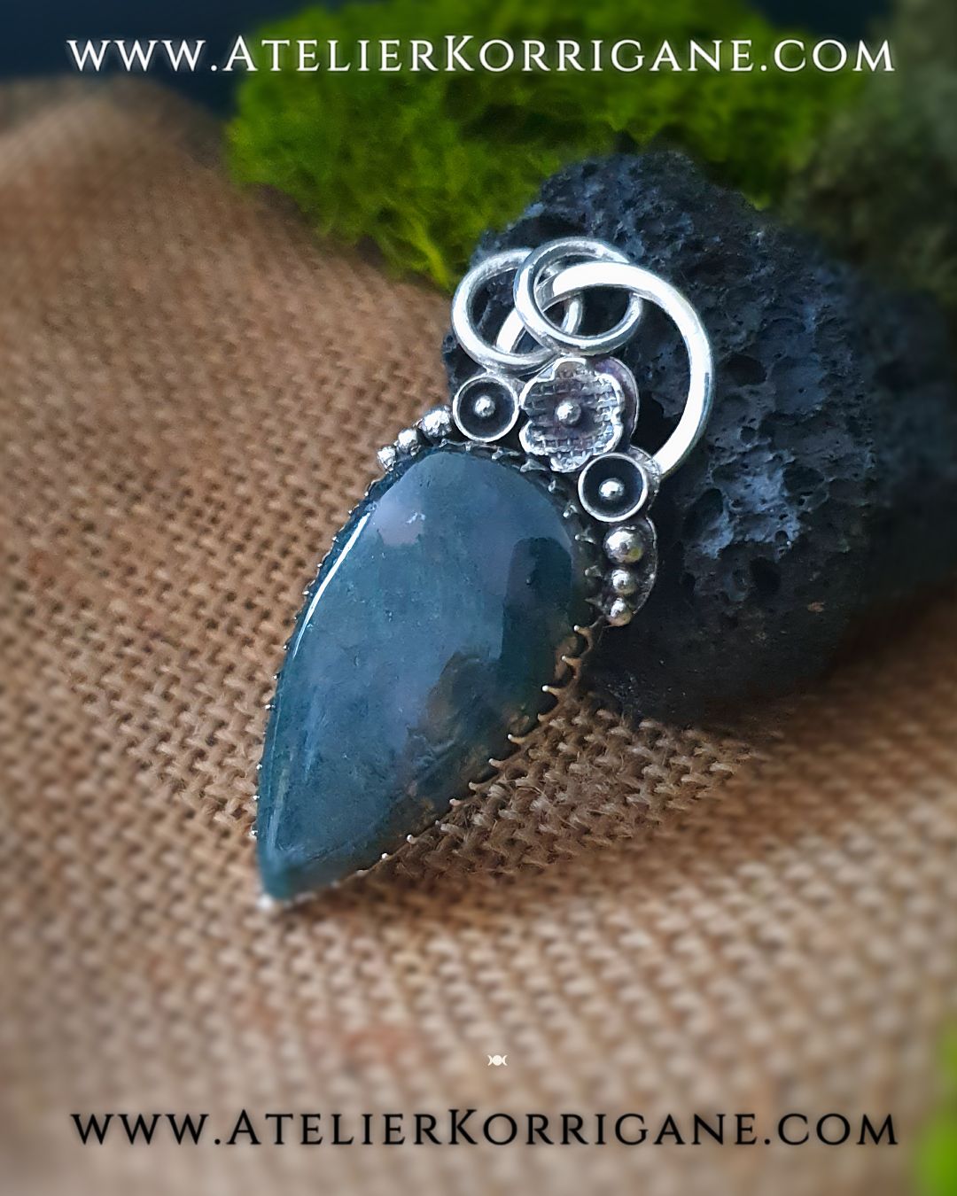 Pendentif Fleur de Beltane en Argent Massif et Agate Mousse
