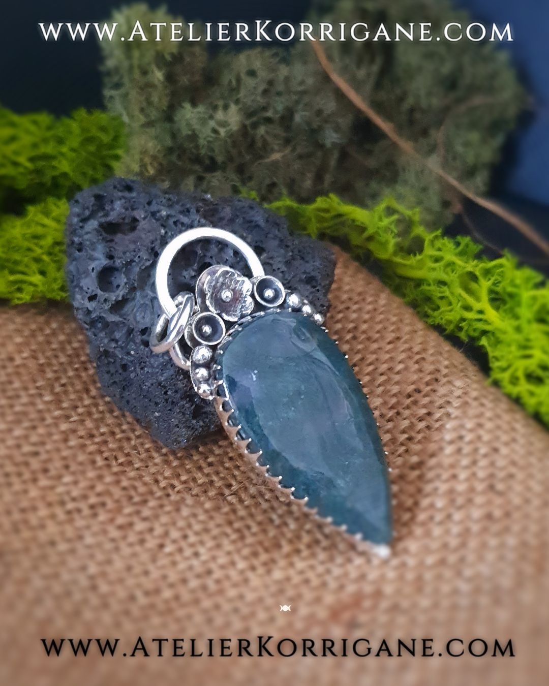 Pendentif Fleur de Beltane en Argent Massif et Agate Mousse