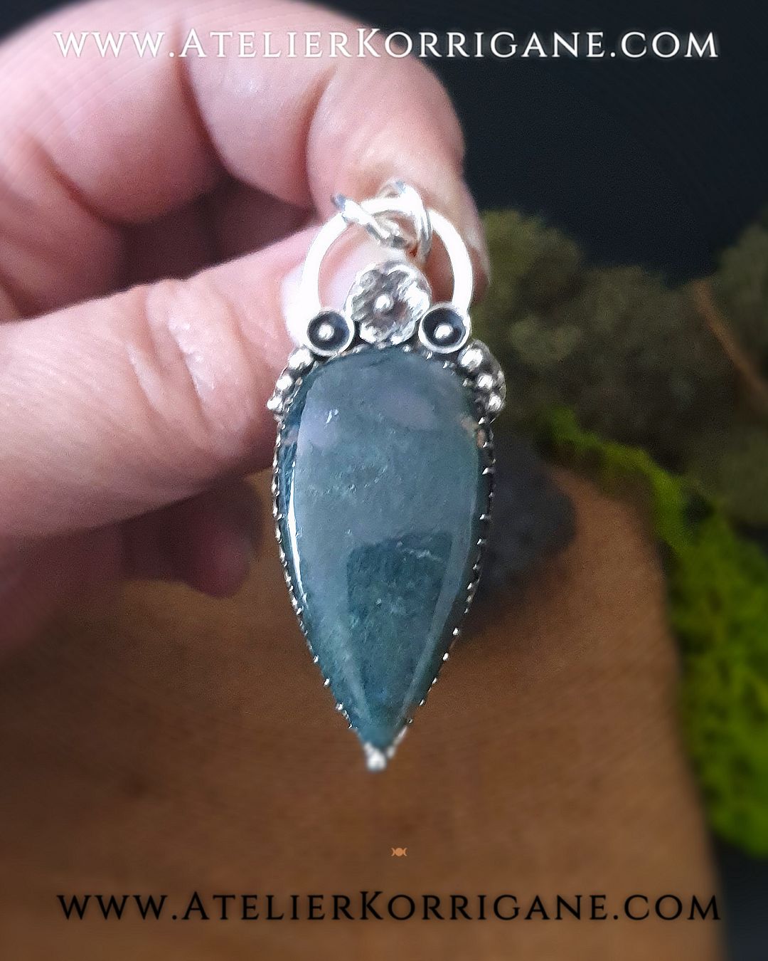 Pendentif Fleur de Beltane en Argent Massif et Agate Mousse