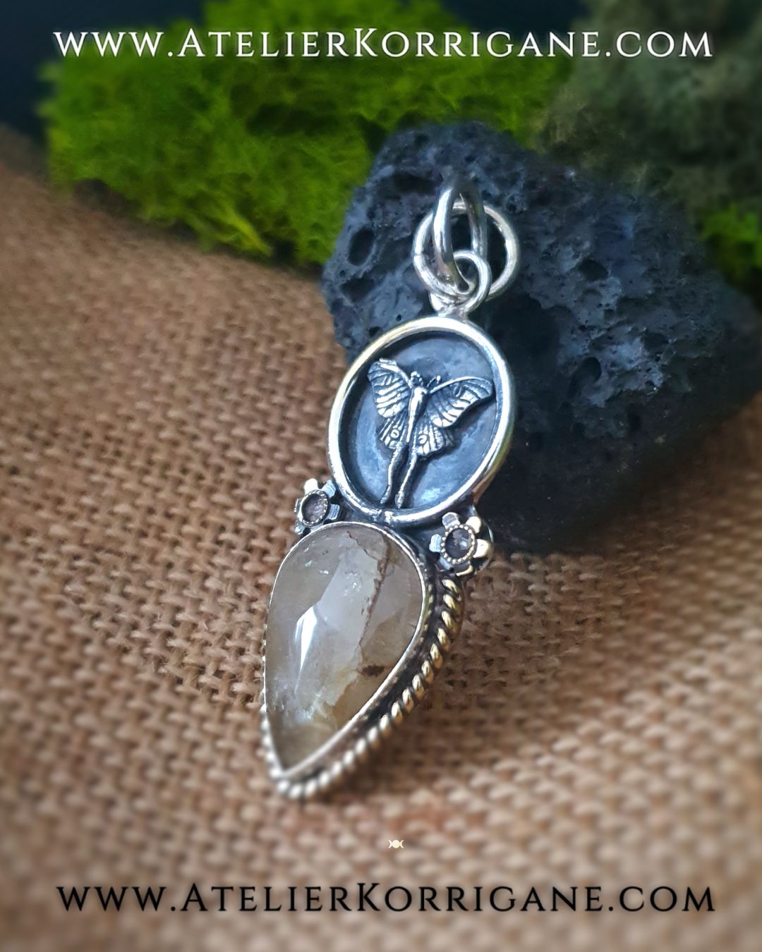 Pendentif Papillon en Argent Massif et Quartz Rutile