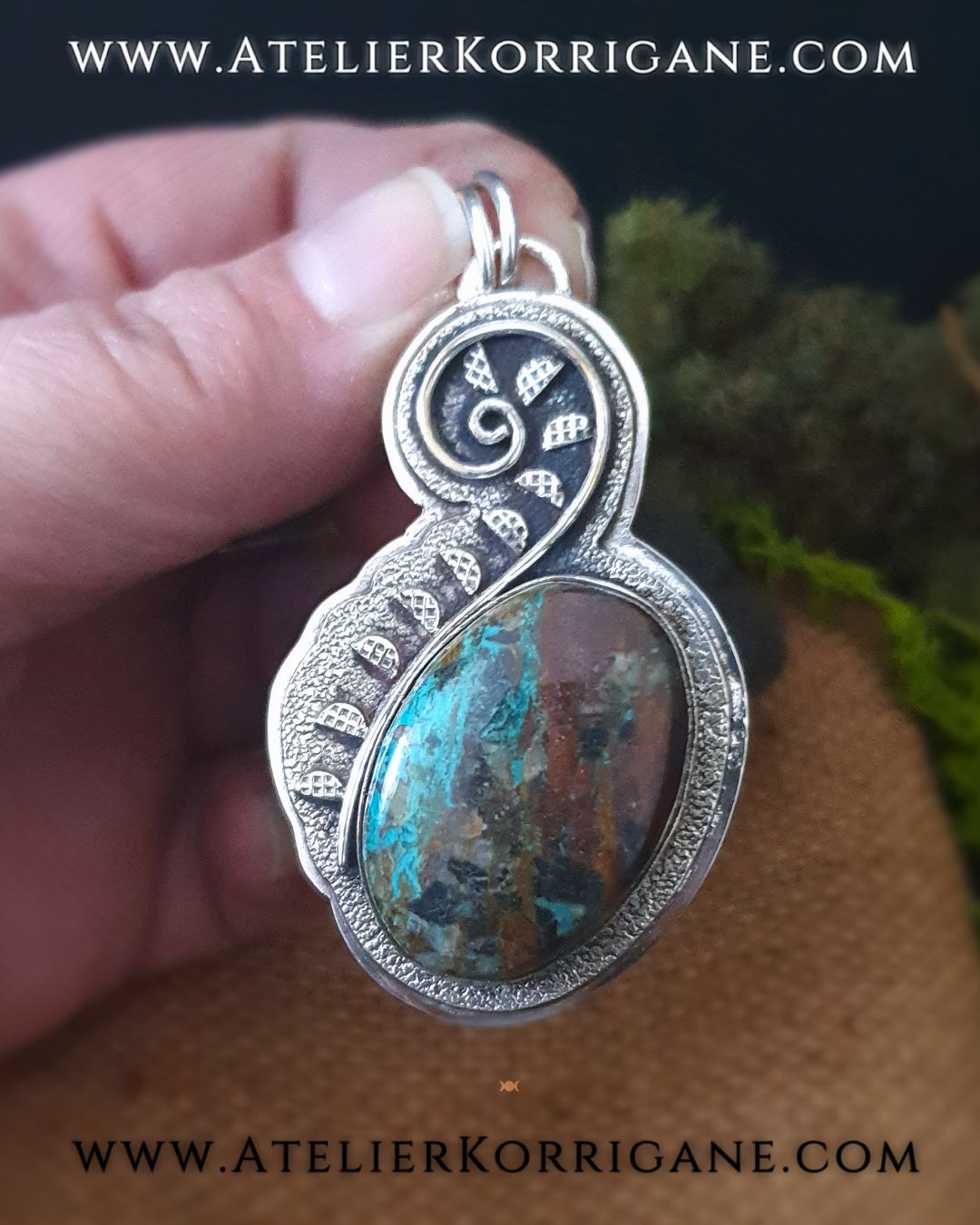 Pendentif Fougère en Argent et Chrysocolle