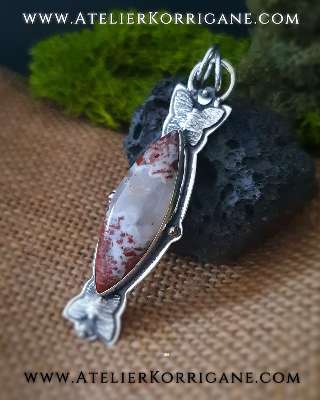 Pendentif Papillons en Argent Massif et Jaspe Arc-En-Ciel