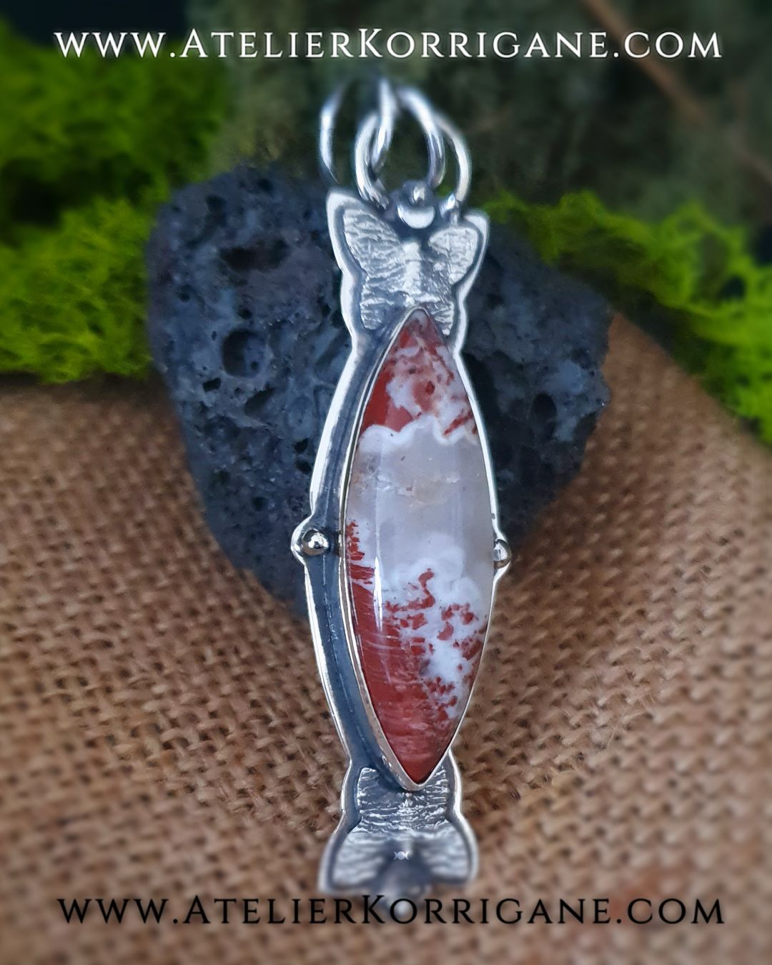 Pendentif Papillons en Argent Massif et Jaspe Arc-En-Ciel