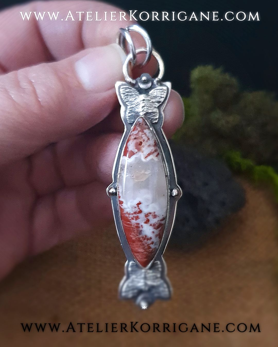 Pendentif Papillons en Argent Massif et Jaspe Arc-En-Ciel