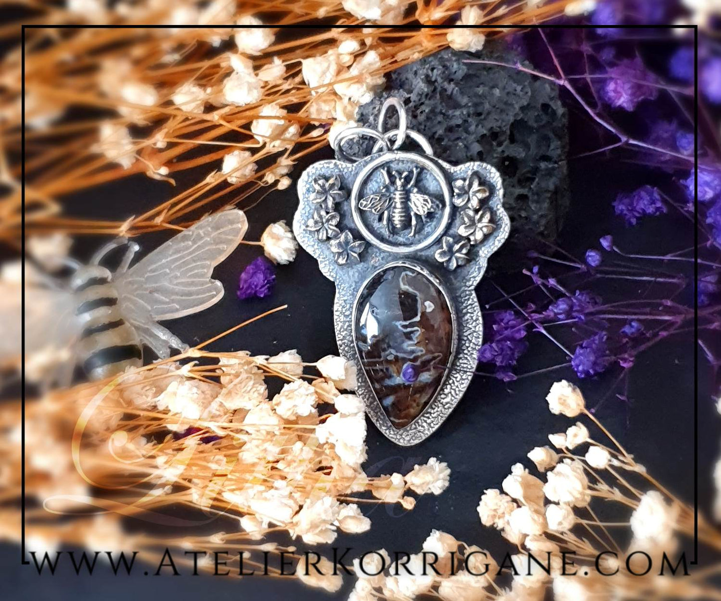 Pendentif Litha Abeilles en Agate et Argent Massif
