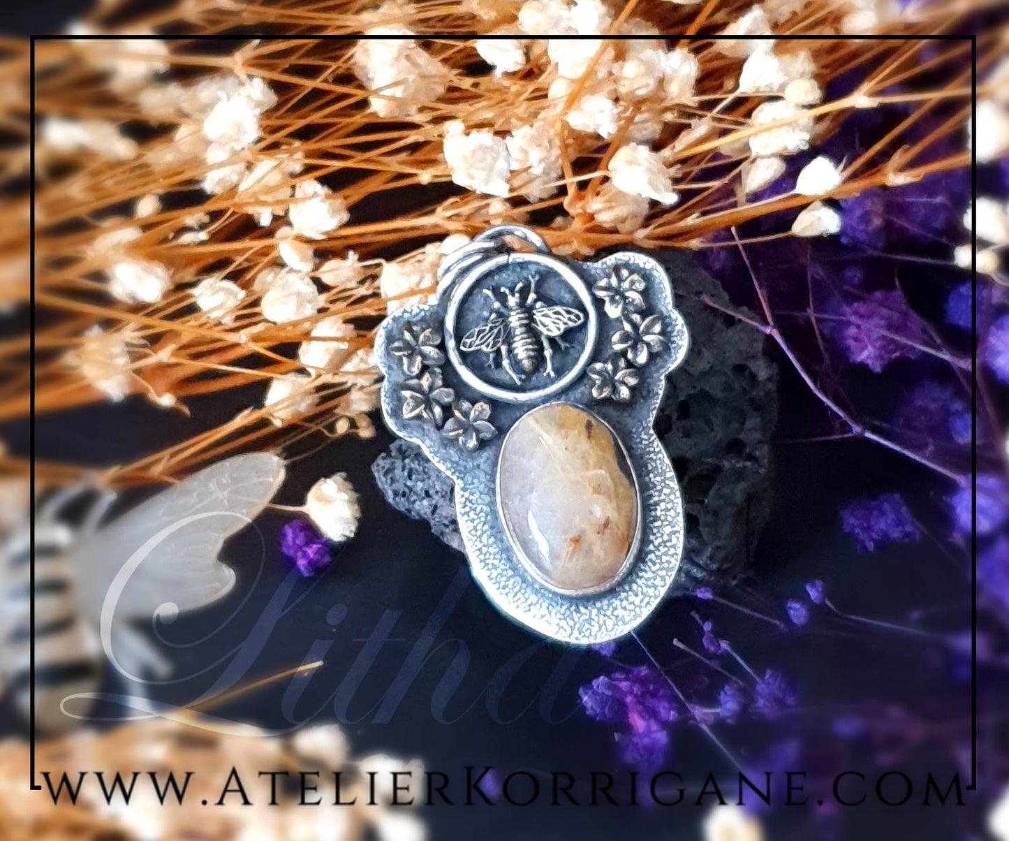 Pendentif Litha Abeilles en Quartz Rutile et Argent Massif