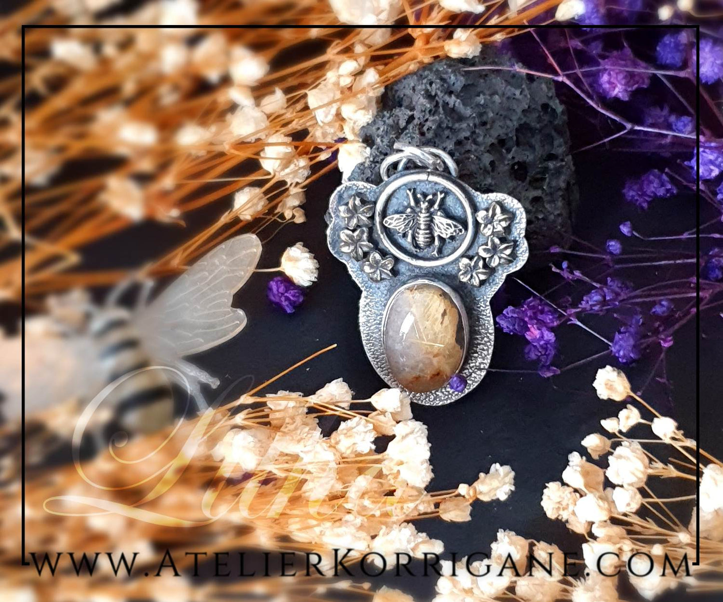 Pendentif Litha Abeilles en Quartz Rutile et Argent Massif