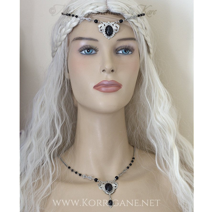 Diadème "Elfe Noire" Tour de Tête en cabochon de verre et perles d'Onyx - korrigane