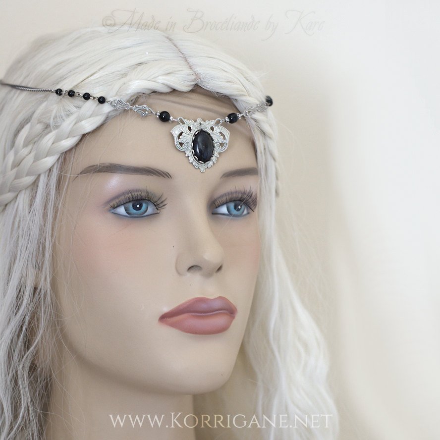 Diadème "Elfe Noire" Tour de Tête en cabochon de verre et perles d'Onyx - korrigane