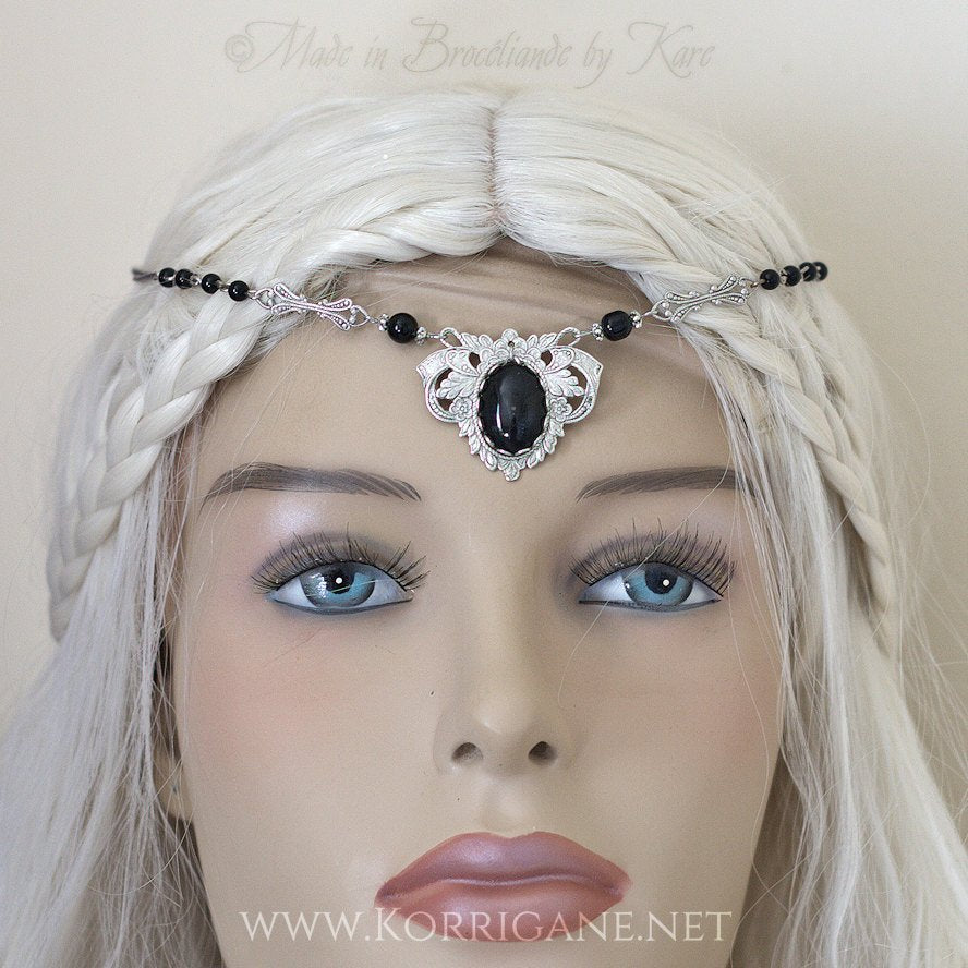 Diadème "Elfe Noire" Tour de Tête en cabochon de verre et perles d'Onyx - korrigane