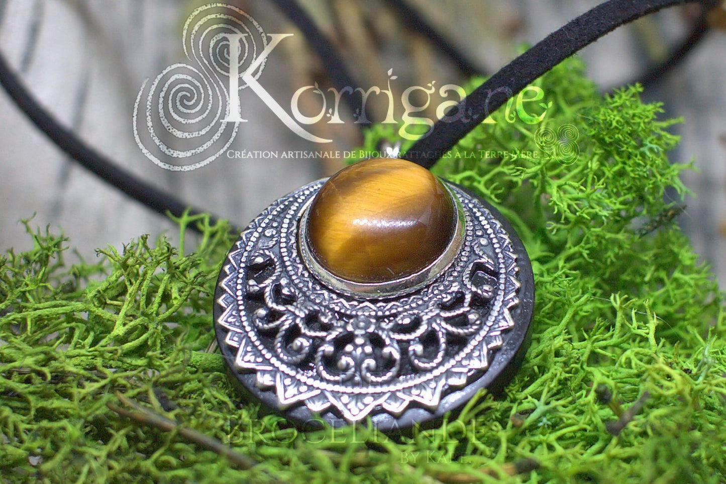 Amulette "Lleuad" Collier de Protection - Lune Wicca Oeil de Tigre - Talisman Triple Déesse Korrigane