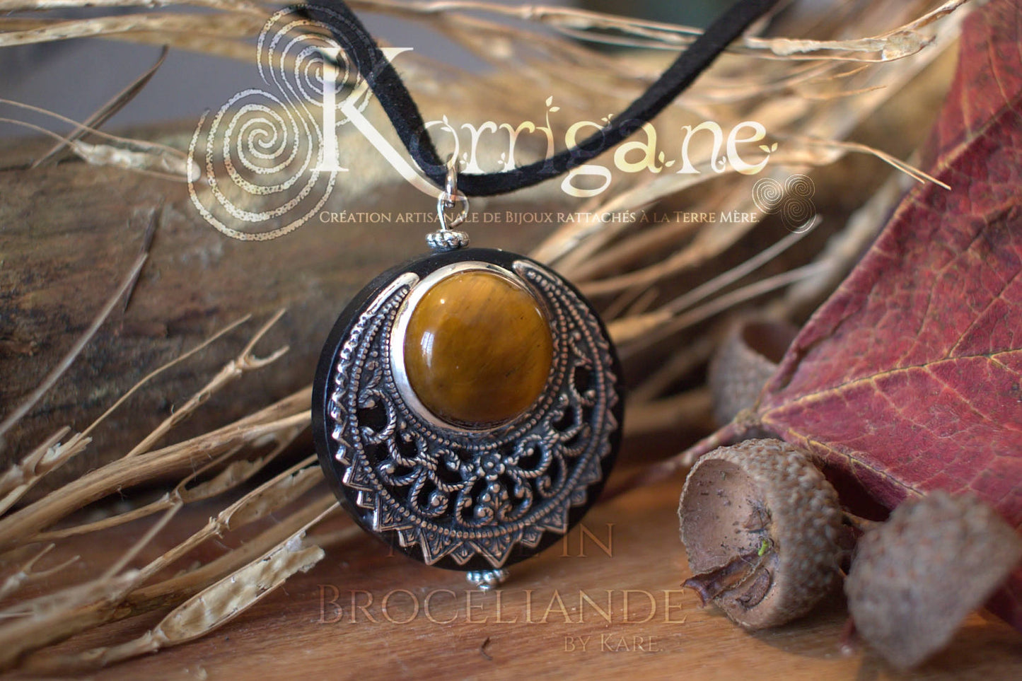 Amulette "Lleuad" Collier de Protection - Lune Wicca Oeil de Tigre - Talisman Triple Déesse Korrigane
