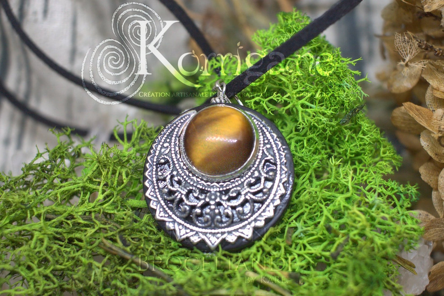 Amulette "Lleuad" Collier de Protection - Lune Wicca Oeil de Tigre - Talisman Triple Déesse Korrigane