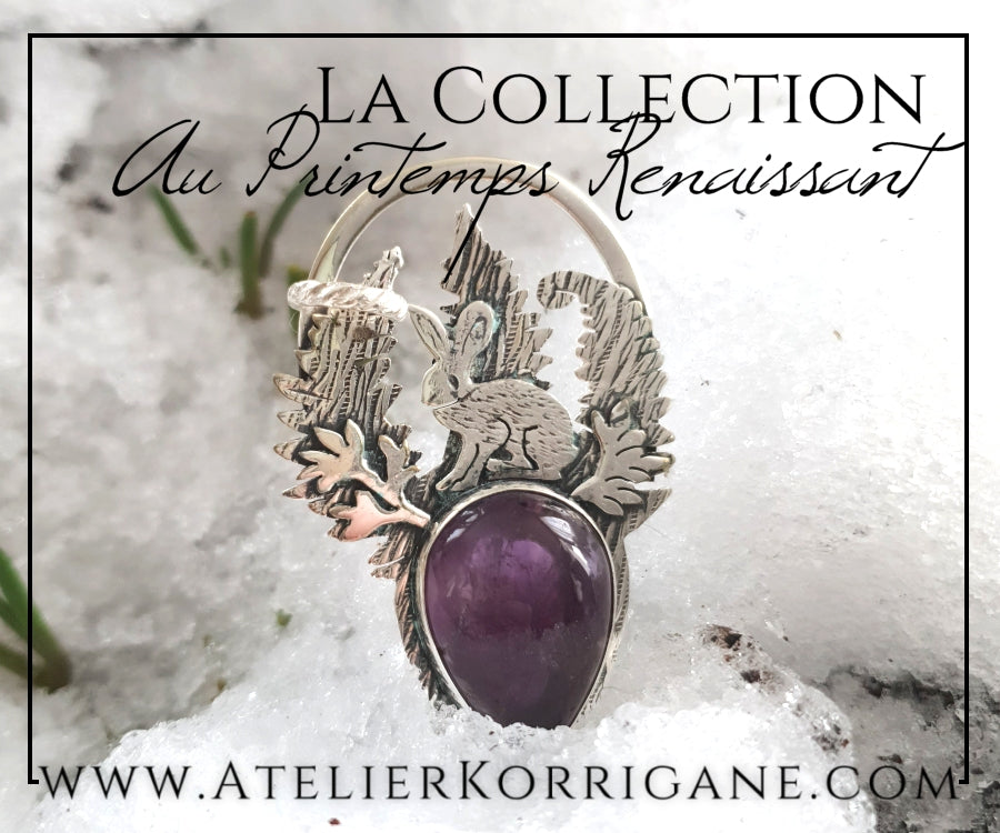 Pendentif Lièvre d'Ostara en Améthyste et Argent Massif Korrigane