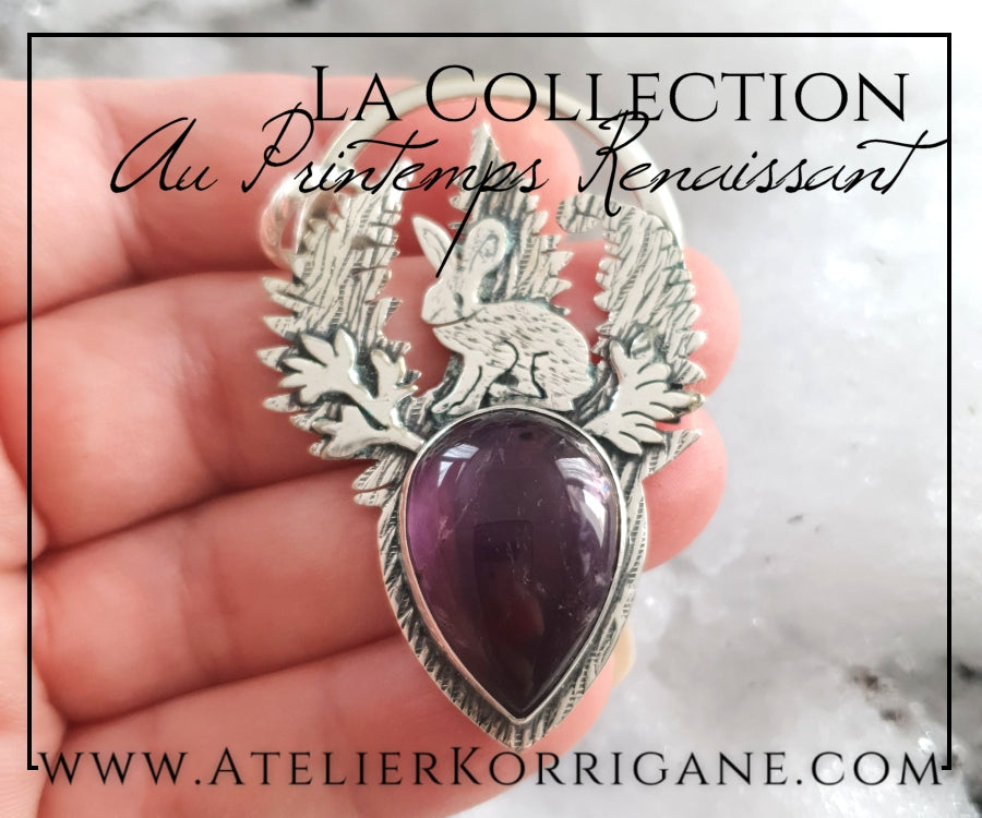 Pendentif Lièvre d'Ostara en Améthyste et Argent Massif Korrigane