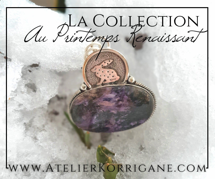 Pendentif Lièvre d'Ostara en Charoite et Argent Massif Korrigane