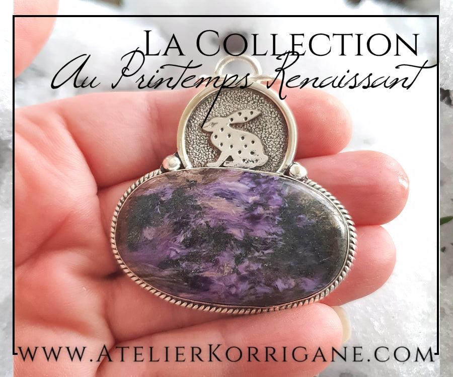 Pendentif Lièvre d'Ostara en Charoite et Argent Massif Korrigane