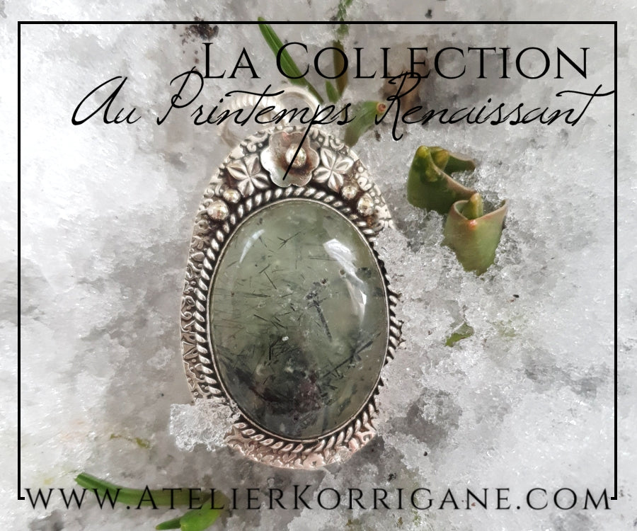 Pendentif Fleurs Printanière en Préhnite et Argent Massif Korrigane
