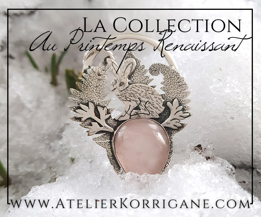 Pendentif Lièvre d'Ostara en Quartz Rose et Argent Massif Korrigane