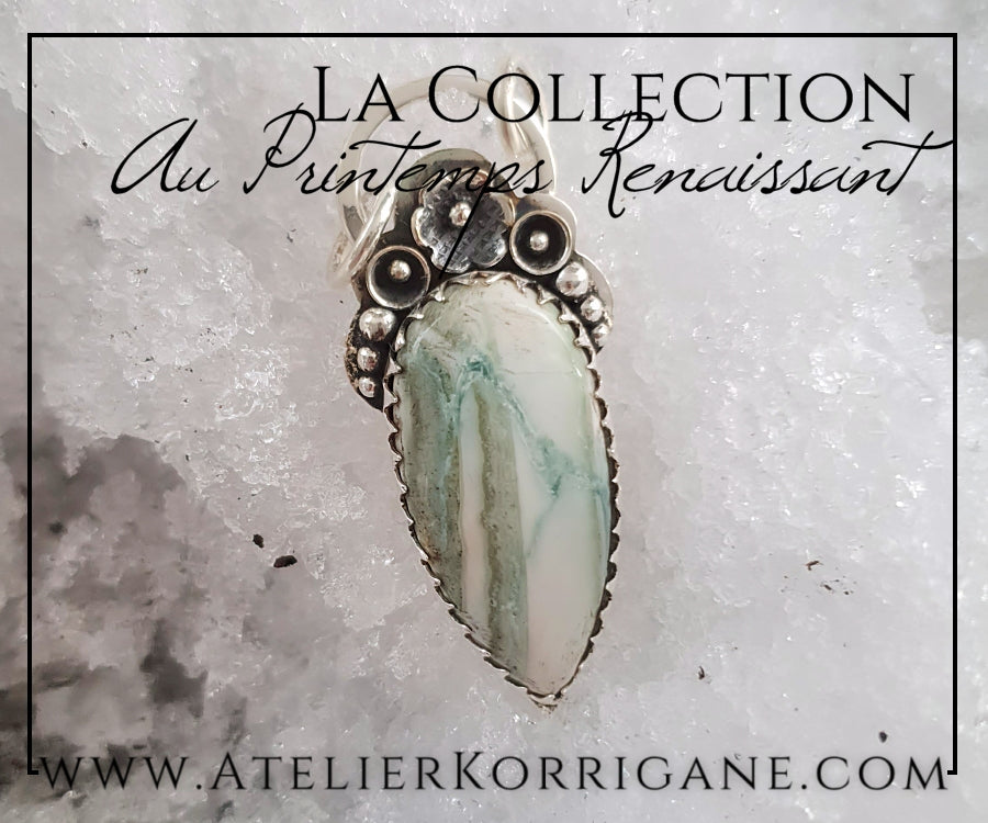Pendentif Fleurs Printanières en Rhodochrosite Bleu et Argent Massif Korrigane
