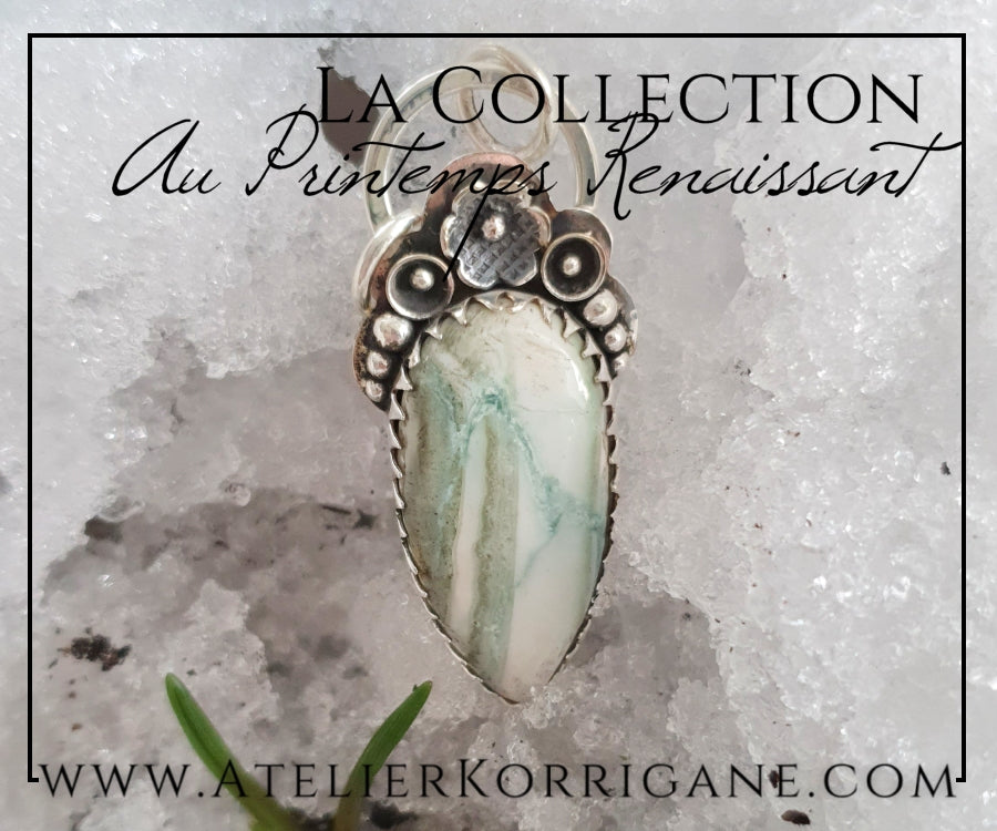 Pendentif Fleurs Printanières en Rhodochrosite Bleu et Argent Massif Korrigane