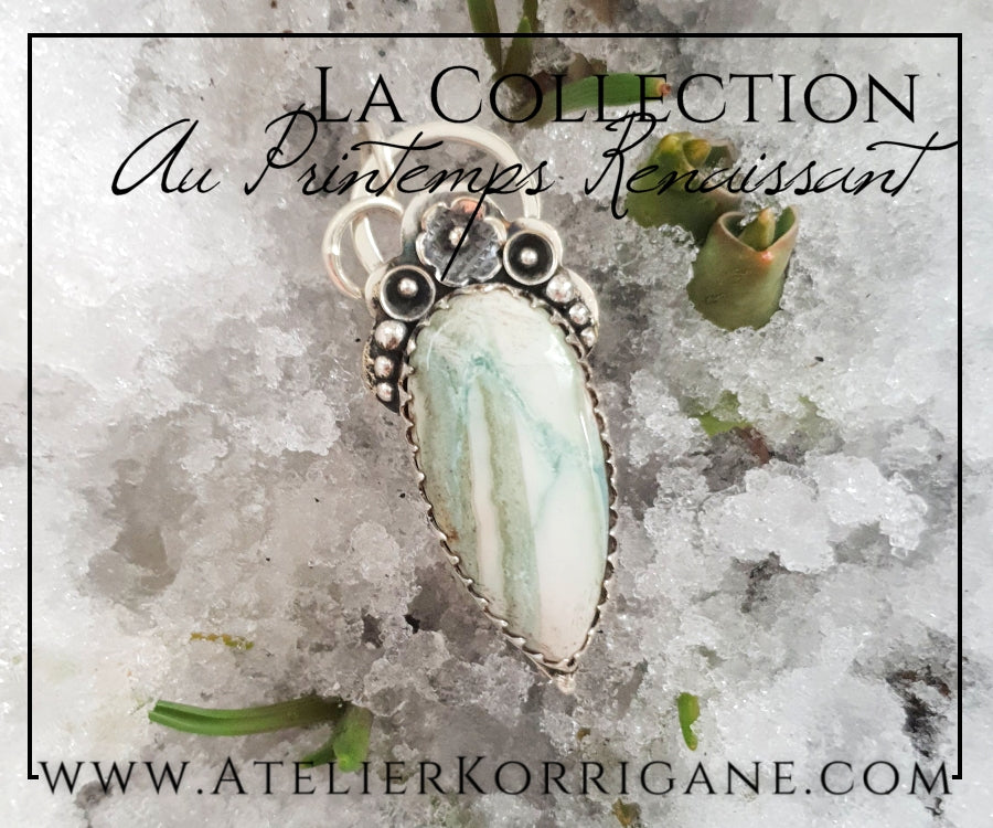 Pendentif Fleurs Printanières en Rhodochrosite Bleu et Argent Massif Korrigane
