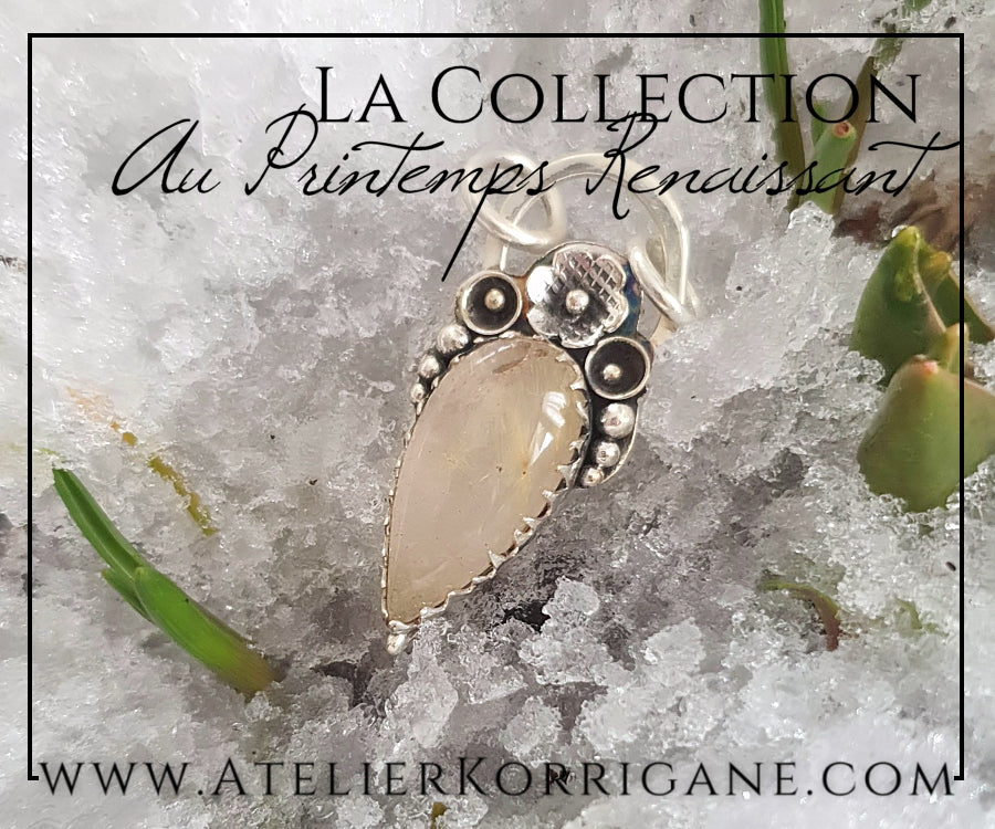 Pendentif Fleurs Printanières en Quartz Rutile Doré et Argent Massif Korrigane