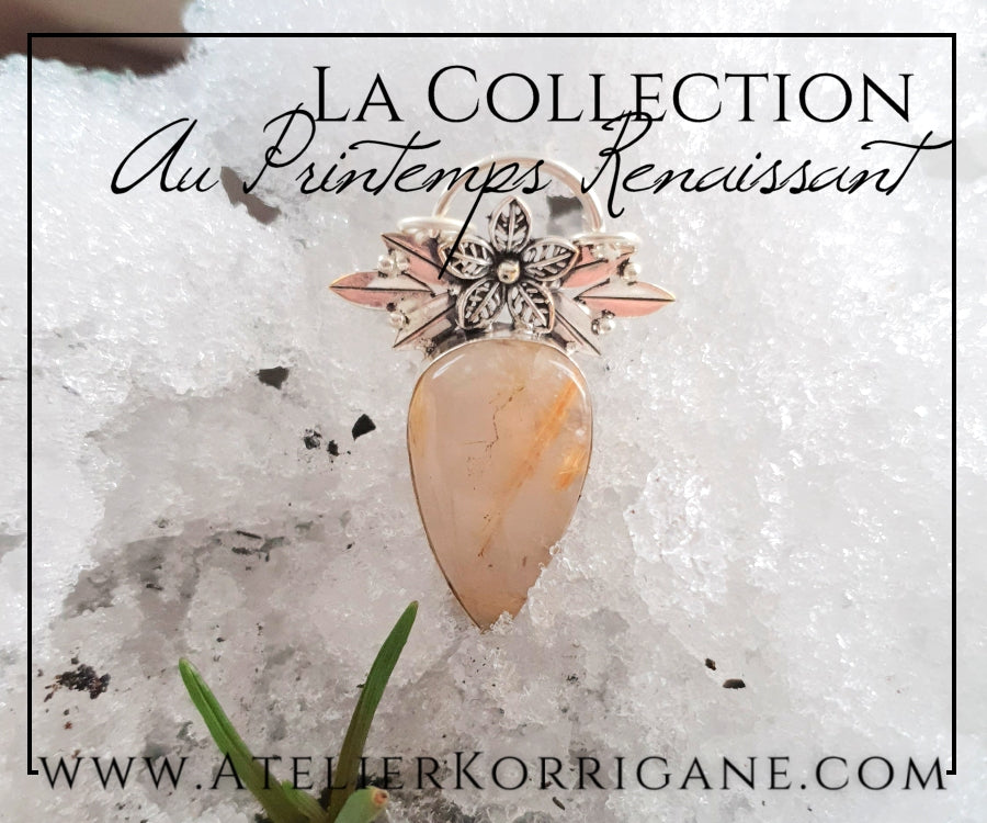Pendentif Fleurs en Quartz Rutile Doré et Argent Massif Korrigane