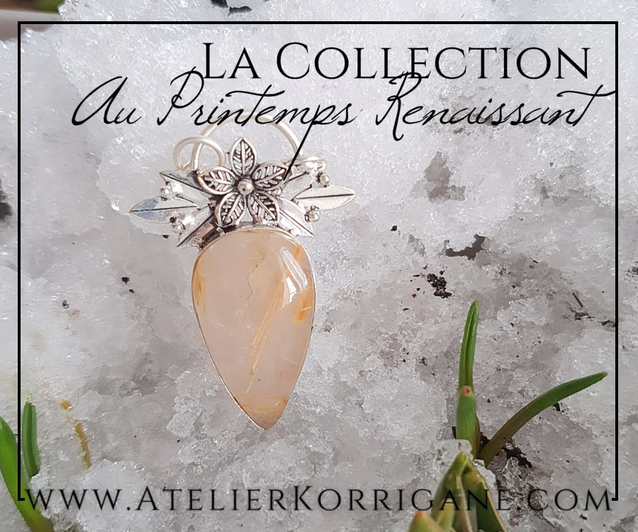 Pendentif Fleurs en Quartz Rutile Doré et Argent Massif Korrigane