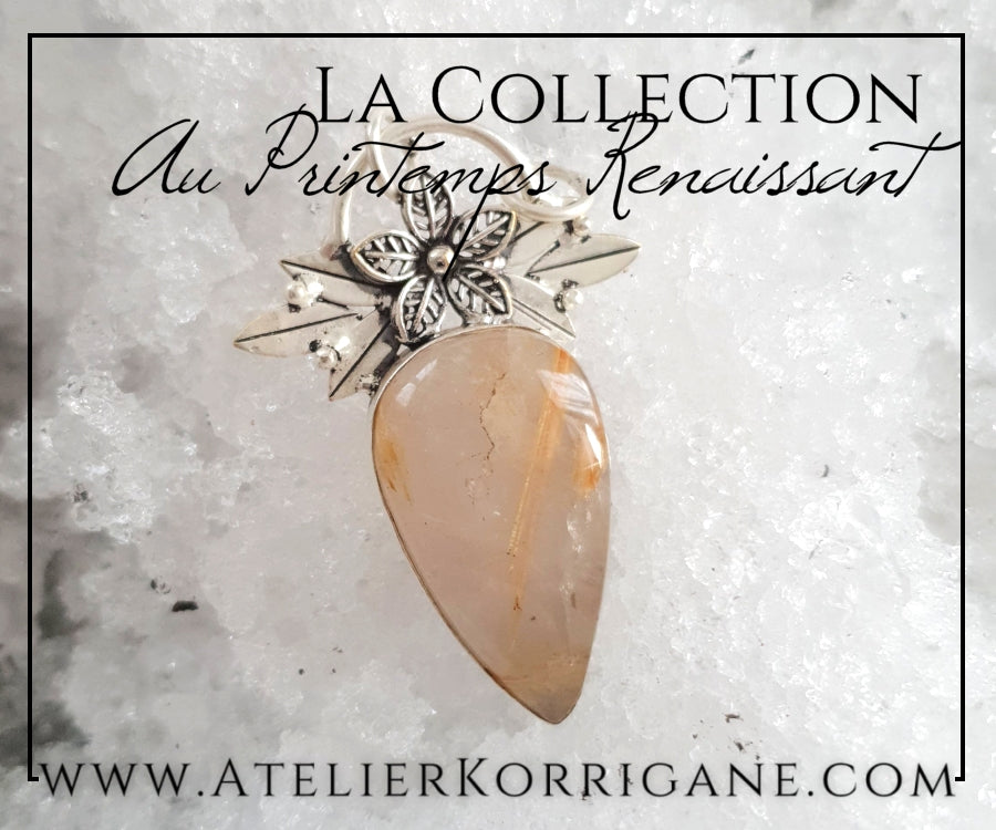 Pendentif Fleurs en Quartz Rutile Doré et Argent Massif Korrigane