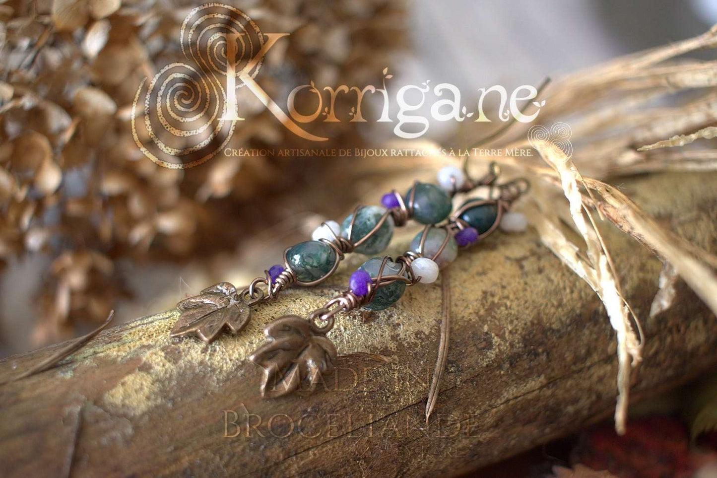 Boucles d'Oreilles Arduinna - Bijou forestier - Agate Mousse, Améthyste et Jade - Artisanat Made In Brocéliande - Bretagne - Lithothérapie Korrigane