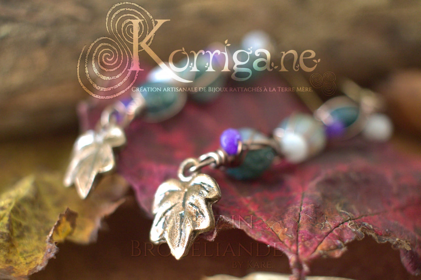 Boucles d'Oreilles Arduinna - Bijou forestier - Agate Mousse, Améthyste et Jade - Artisanat Made In Brocéliande - Bretagne - Lithothérapie Korrigane