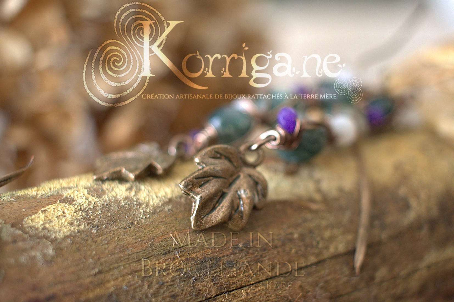 Boucles d'Oreilles Arduinna - Bijou forestier - Agate Mousse, Améthyste et Jade - Artisanat Made In Brocéliande - Bretagne - Lithothérapie Korrigane