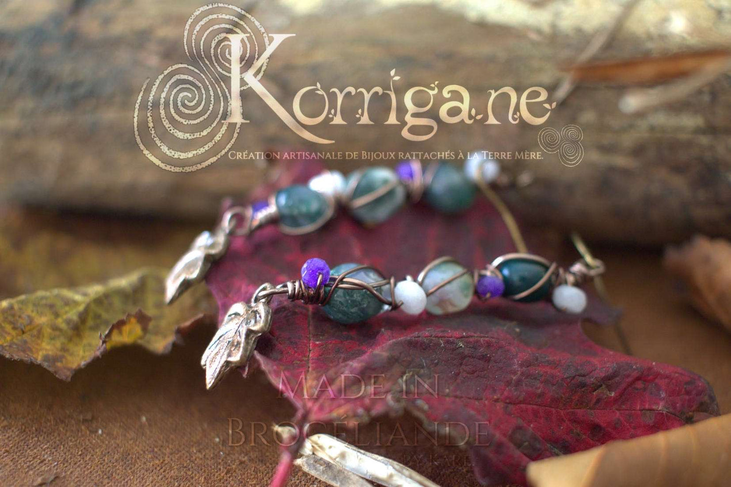 Boucles d'Oreilles Arduinna - Bijou forestier - Agate Mousse, Améthyste et Jade - Artisanat Made In Brocéliande - Bretagne - Lithothérapie Korrigane