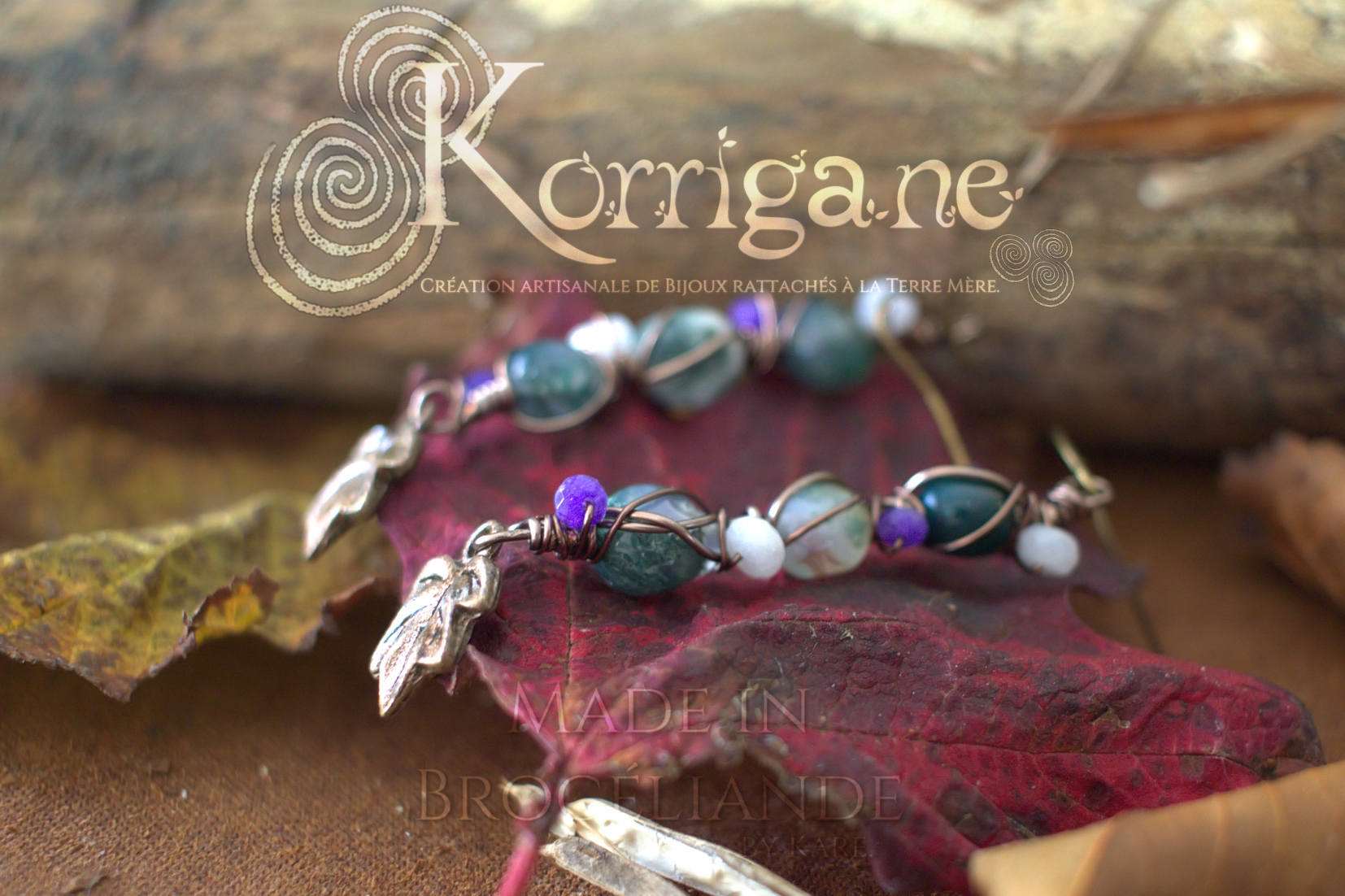 Boucles d'Oreilles Arduinna - Bijou forestier - Agate Mousse, Améthyste et Jade - Artisanat Made In Brocéliande - Bretagne - Lithothérapie Korrigane