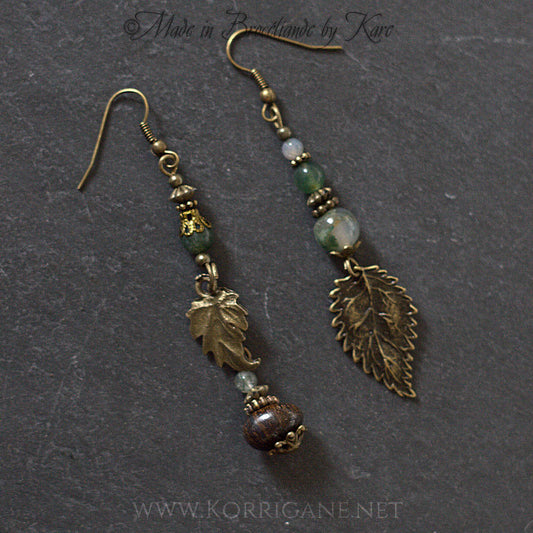 Boucles d'Oreilles 'Bileog' - Agate Mousse et Bronzite - Magie de la Forêt Feuilles - Artisanat Made In Brocéliande France - Lithothérapie Korrigane
