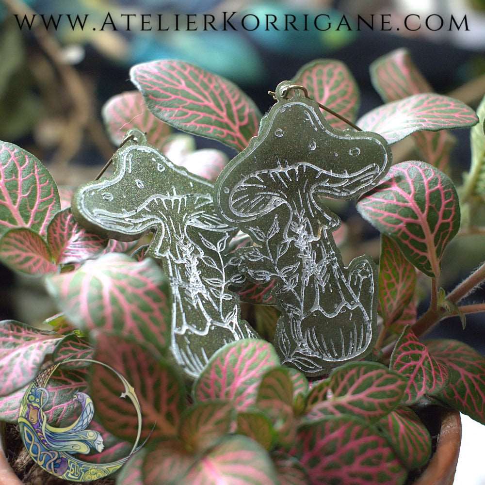 Boucles d'Oreilles Champignons des Sous-Bois Les P'tites Witchy Vert Foret Korrigane
