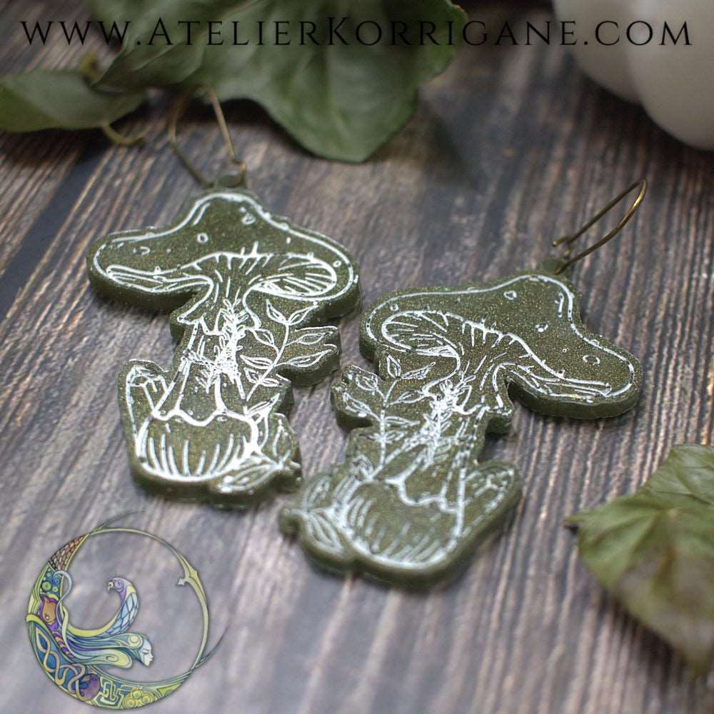Boucles d'Oreilles Champignons des Sous-Bois Les P'tites Witchy Vert Foret Korrigane