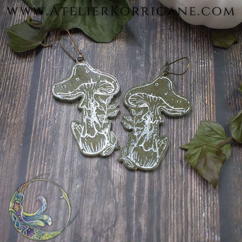 Boucles d'Oreilles Champignons des Sous-Bois Les P'tites Witchy Vert Foret Korrigane