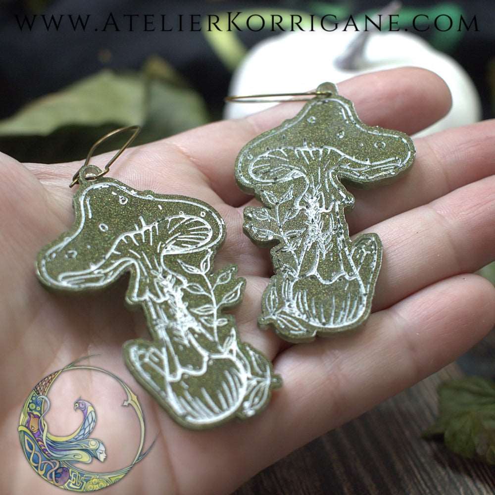 Boucles d'Oreilles Champignons des Sous-Bois Les P'tites Witchy Vert Foret Korrigane