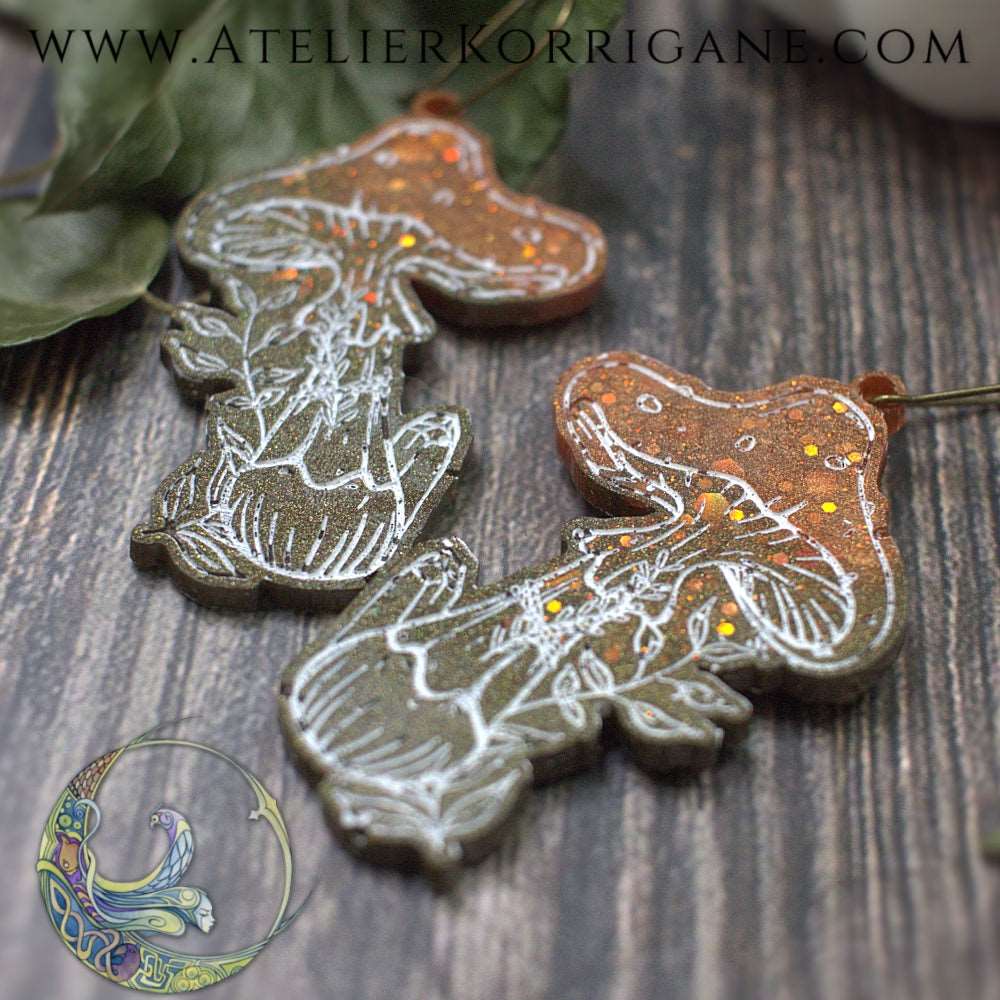 Boucles d'Oreilles Champignons des Sous-Bois Les P'tites Witchy Vert Foret et Cuivré V1 Korrigane