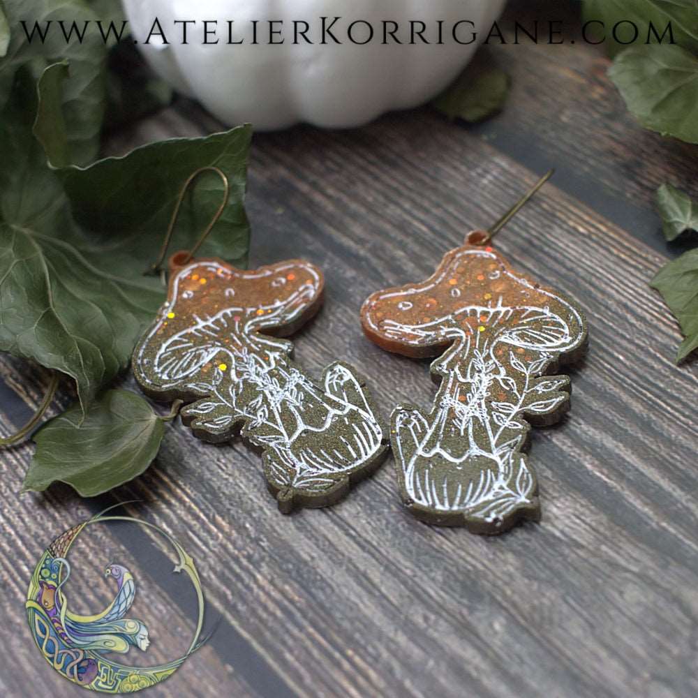 Boucles d'Oreilles Champignons des Sous-Bois Les P'tites Witchy Vert Foret et Cuivré V1 Korrigane
