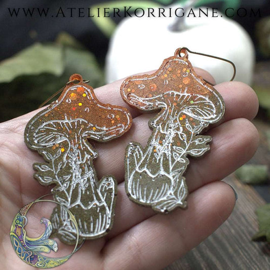 Boucles d'Oreilles Champignons des Sous-Bois Les P'tites Witchy Vert Foret et Cuivré V1 Korrigane