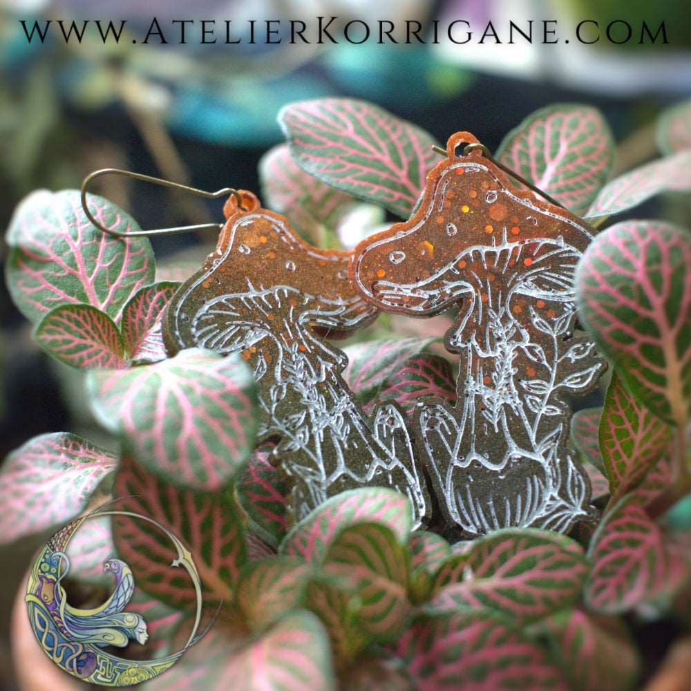 Boucles d'Oreilles Champignons des Sous-Bois Les P'tites Witchy Vert Foret et Cuivré V1 Korrigane