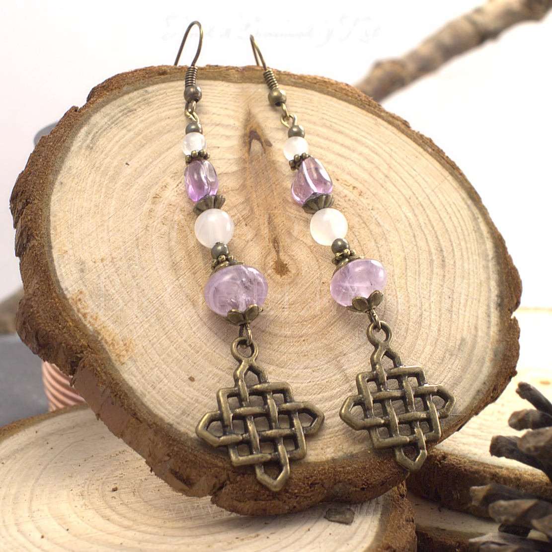 Boucles d'Oreilles Kendoniañ - Entrelacs Celtes - Améthyste, Jaspe & Quartz - Artisanat Made In Brocéliande - France - Lithothérapie Korrigane