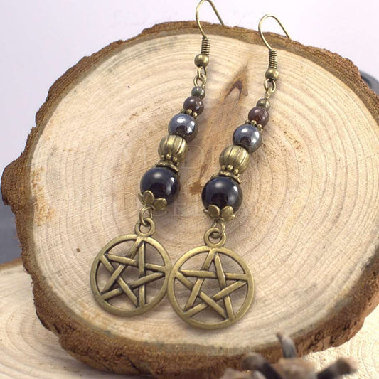 Boucles d'Oreilles Kendoniañ - Pentagramme Pentacle Wicca - Onyx, Grenat, Hématite - Artisanat Made In Brocéliande - France - Lithothérapie Korrigane