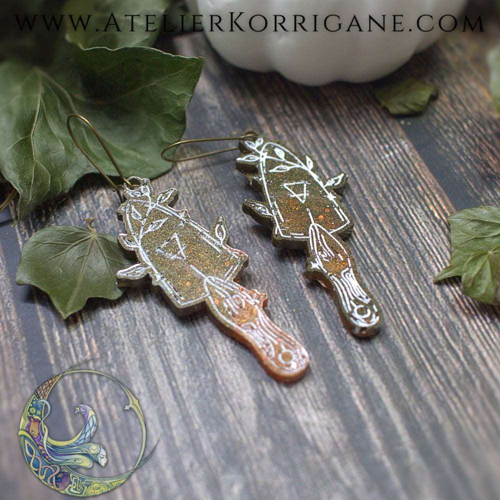 Boucles d'Oreilles élément Terre Les P'tites Witchy Cuivré et vert foret Korrigane