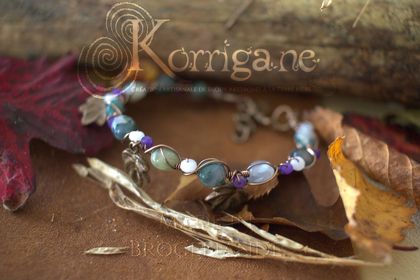Bracelet Arduinna - Bijou forestier - Agate Mousse, Améthyste et Jade - Artisanat Made In Brocéliande - Bretagne - France - Lithothérapie Korrigane